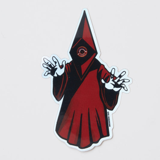 Sticker of a character in a red robe with a pointed hood on a light gray background